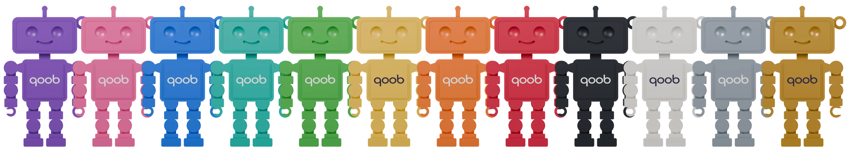 All twelve Qooboids in a row, from Qoob Violet to Champagne Gold