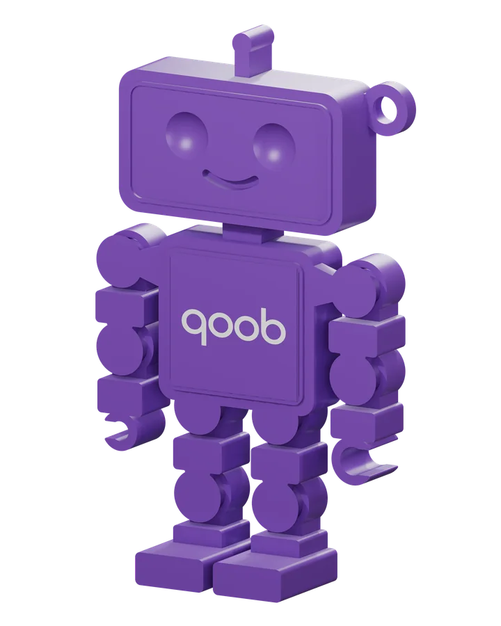 Custom Qooboid, shown in Qoob Violet, angled view